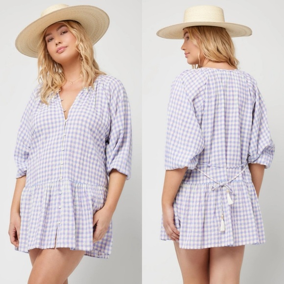 Anthropologie L*Space Vida Mini Dress Park Slope Gingham Check Blue Purple Swim - Picture 2 of 13